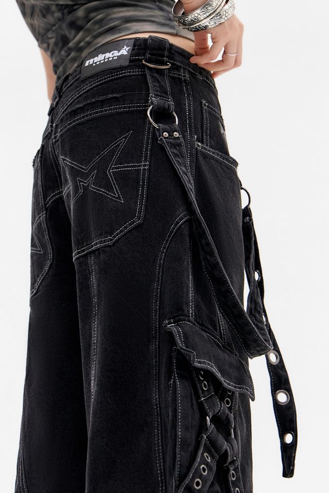 国内で当店のみ Minga London - TREK BLACK WASHED JORTS Black Washed Utility Cargo Jorts with Straps & Metal Details