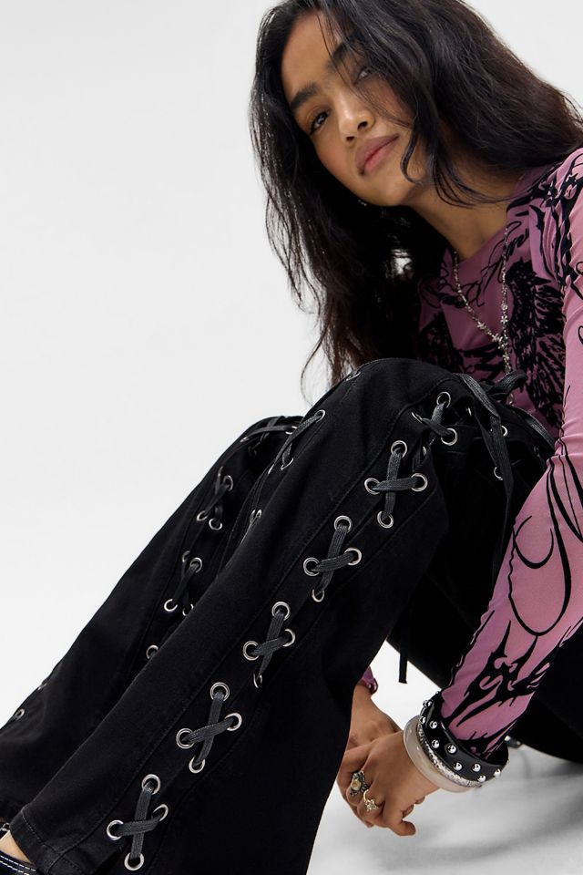 Minga London Washed Black Lace Up Flared Jeans #2