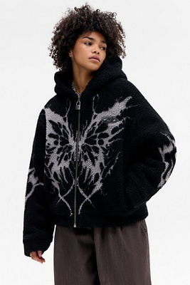 Minga London Black Butterfly Borg Jacket | Urban Outfitters UK