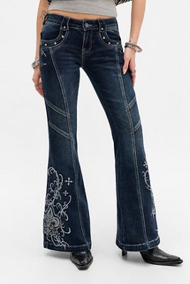 Minga London June Blue Washed Embroidered Flared Jeans