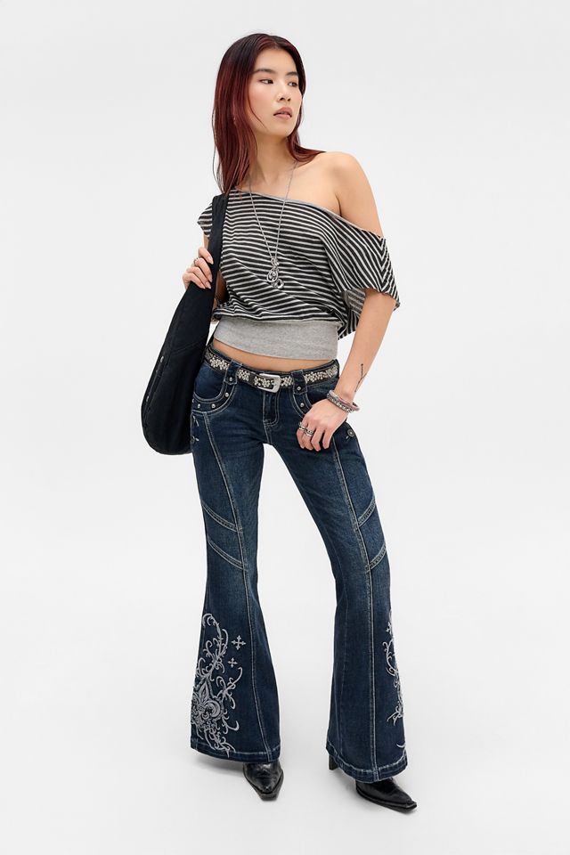 Minga London June Blue Washed Embroidered Flared Jeans #1