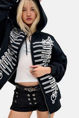 Minga London Schwarzer Libertine Zip-Durchgehender Kapuzenpullover