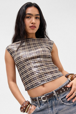 Motel Erica Check Sequin Top XS at Urban Outfitters