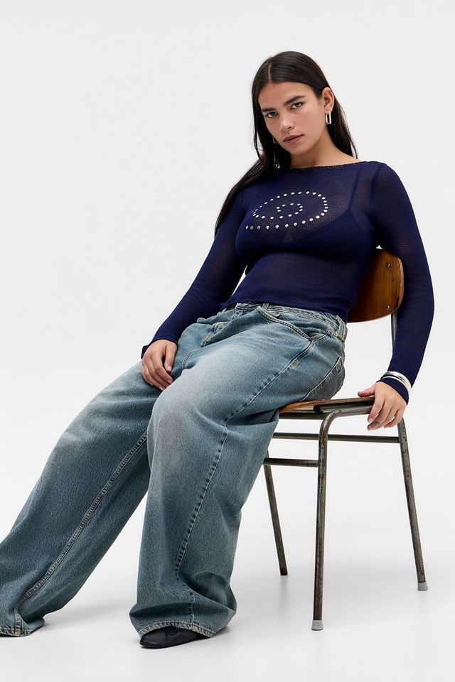 Top de Punto Armali Stud de Manga Larga en Motel Navy #1