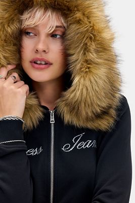 Sweat à capuche zippé Guess Jeans noir avec bordure en fausse fourrure
