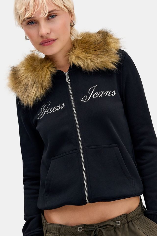Guess Jeans Black Faux Fur Trim Zip-Through Hoodie #1