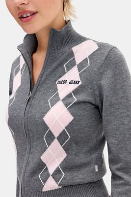 Top in Maglia con Zip Integrale a Rombi Grigio e Rosa Guess Jeans
