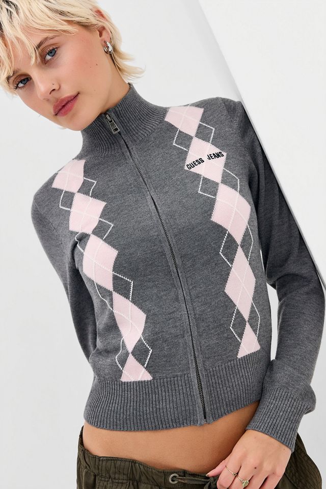 Guess Jeans Grau & Rosa Argyle Zip-Durchgehender Strick-Top #2