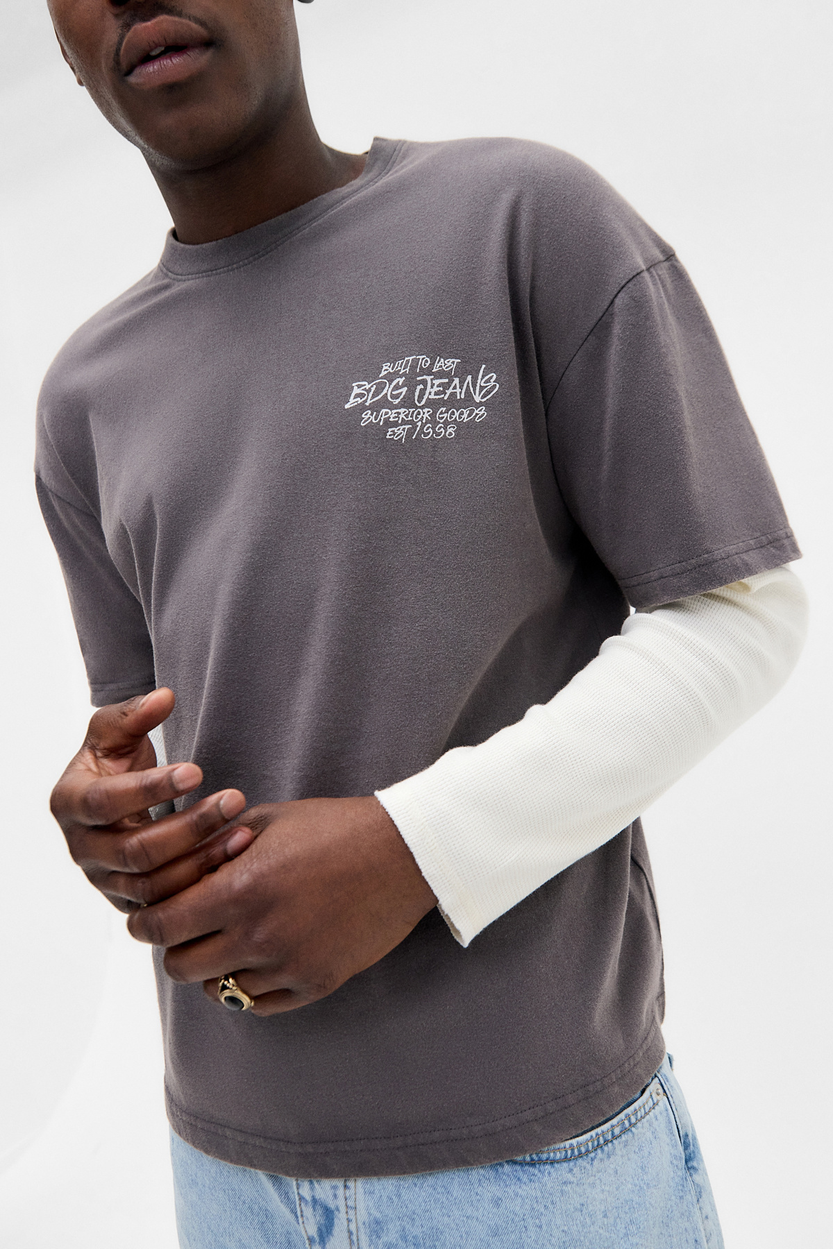BDG Black Waffle Long Sleeve Double Layer T-Shirt