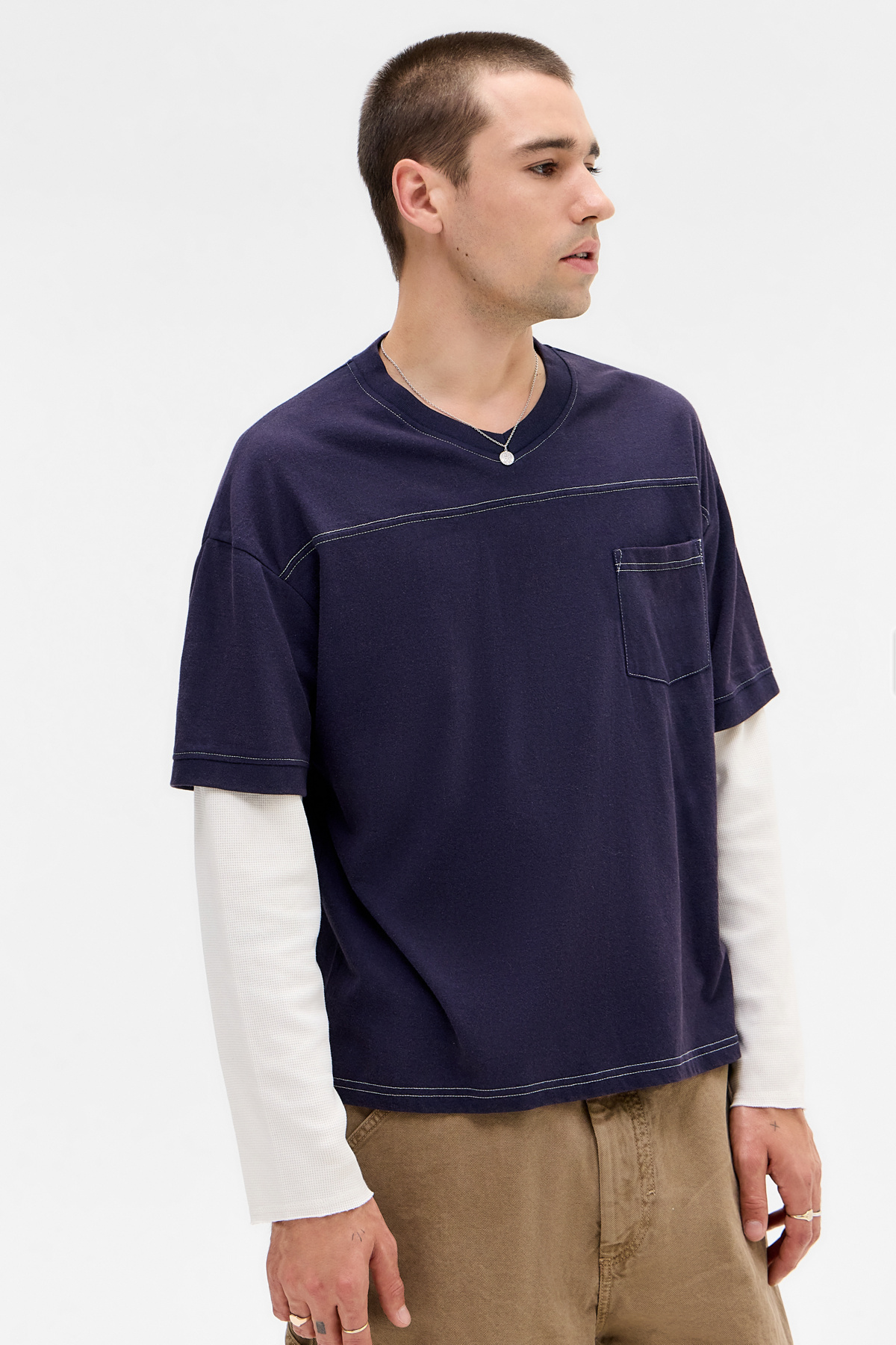 BDG Navy Double Layer Waffle Sleeve T-Shirt