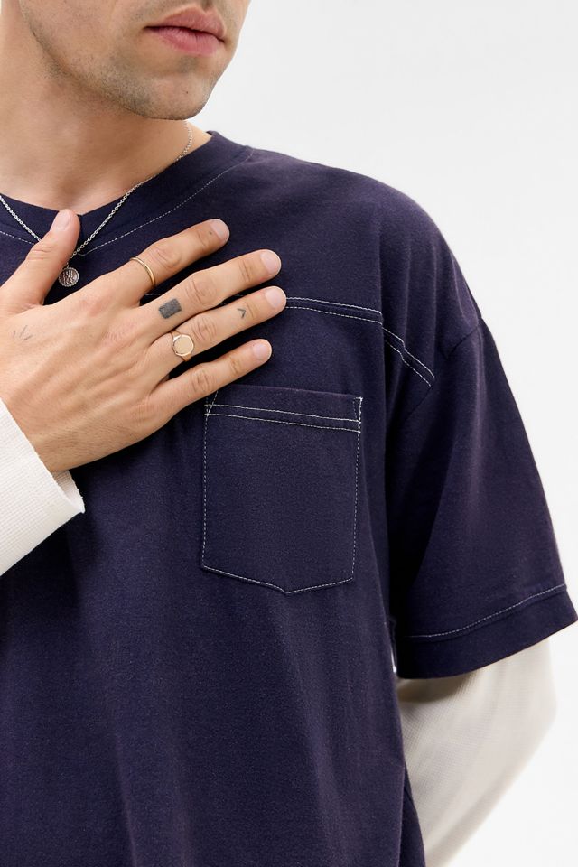 BDG Navy Double Layer Waffle Sleeve T-Shirt #2