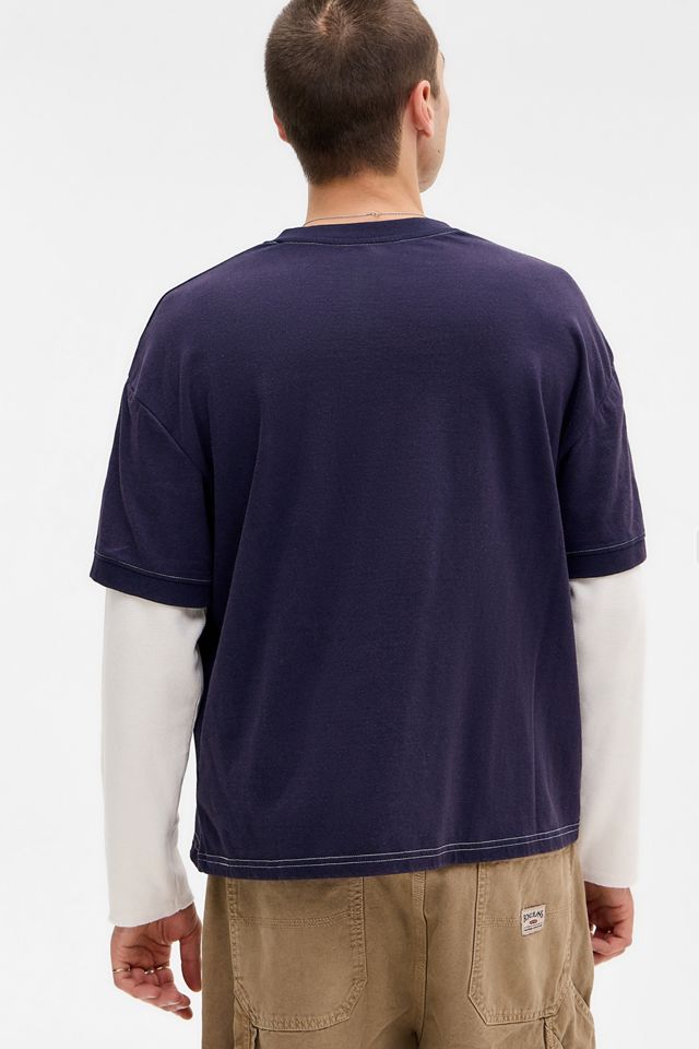 BDG Navy Double Layer Waffle Sleeve T-Shirt #3