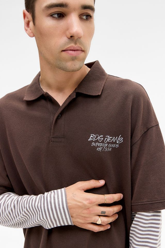 BDG Brown Double Layer Long Sleeve Polo Shirt #1