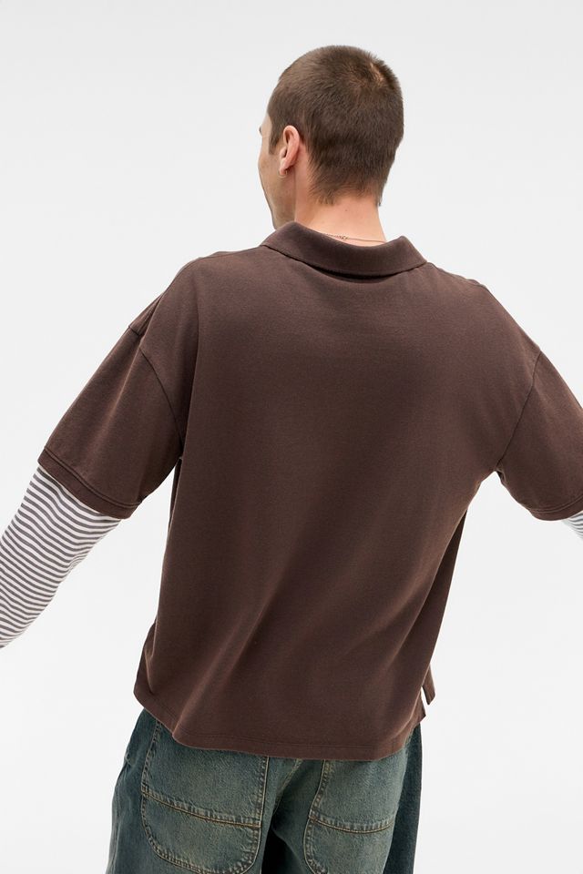 BDG Brown Double Layer Long Sleeve Polo Shirt #3