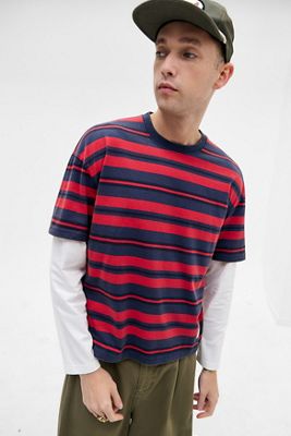 BDG Red & Navy Stripe Double Layer Long Sleeve T-Shirt