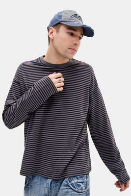 T-Shirt a Maniche Lunghe a Righe Nere e Grigie BDG