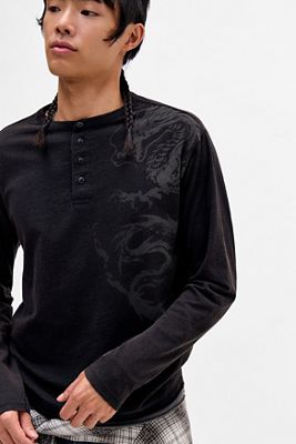 Archivis T-shirt Henley à manches longues imprimé dragon noir
