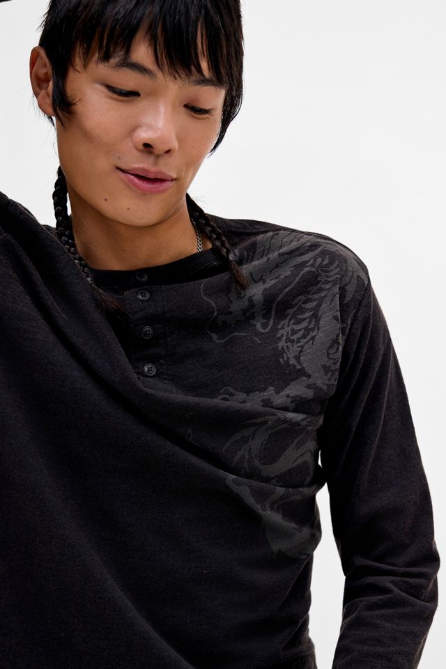 Archivis Schwarzer Drachendruck Langarm-Henley-T-Shirt #2