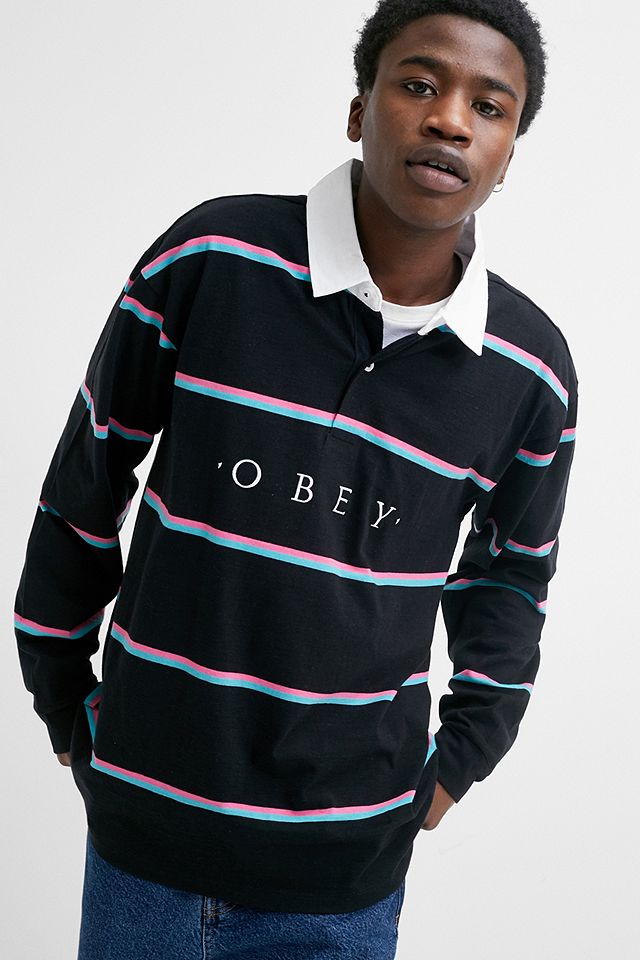 OBEY UO Exclusive Novel Black Stripe Long-Sleeve Polo Shirt | Urban ...