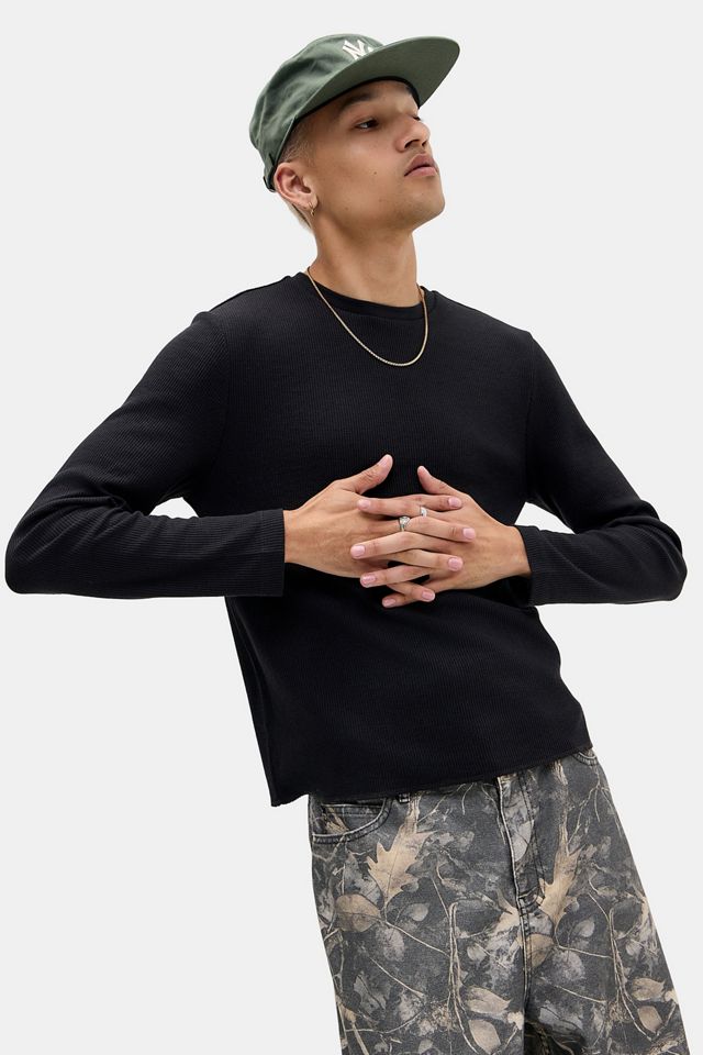BDG Black Plain Long Sleeve Waffle T-Shirt #1