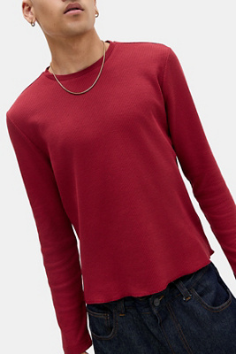 BDG Red Plain Long Sleeve Waffle T-Shirt Product Page