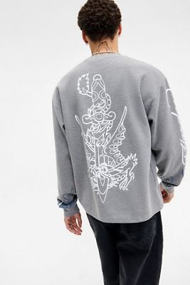 Ed Hardy UO Esclusiva Grigia Spada Drago Maglietta a Maniche Lunghe Waffle
