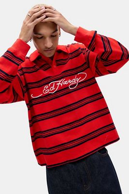 Ed Hardy UO Exclusive Red Stripe Long Sleeve Polo Shirt