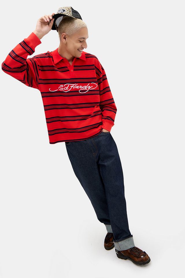 Ed Hardy UO Exklusives rotes Streifenlangarmpolohemd #2