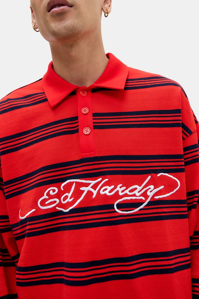 Ed Hardy UO Exklusives rotes Streifenlangarmpolohemd #3