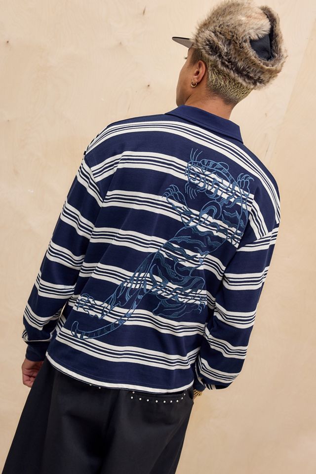 Ed Hardy UO Exclusive Navy Stripe Long Sleeve Polo Shirt #1