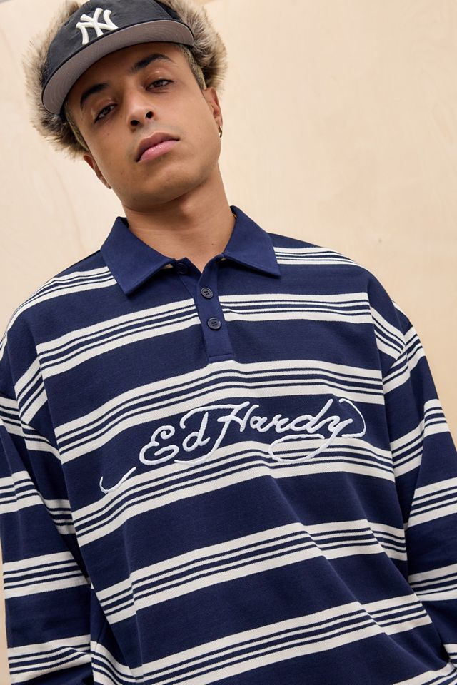 Ed Hardy UO Exclusive Navy Stripe Long Sleeve Polo Shirt #2