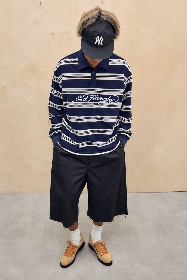 Ed Hardy UO Exclusive Navy Stripe Long Sleeve Polo Shirt #3