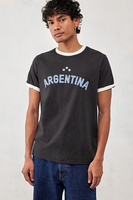 T-shirt Rétro Drôle Argentine - Fruit Of The Loom, Noir, Homme - Neuf Sans étiquettes, Col Roulé Contrasté
