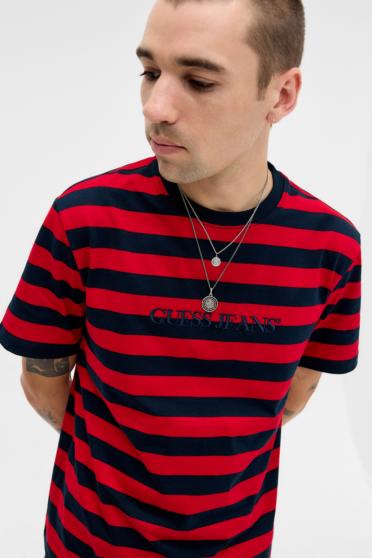 Guess Jeans Red and Blue Striped T-Shirt