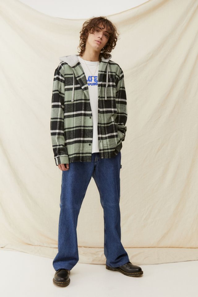 UO Seaspray Green Check Hooded Shirt | Urban Outfitters UK