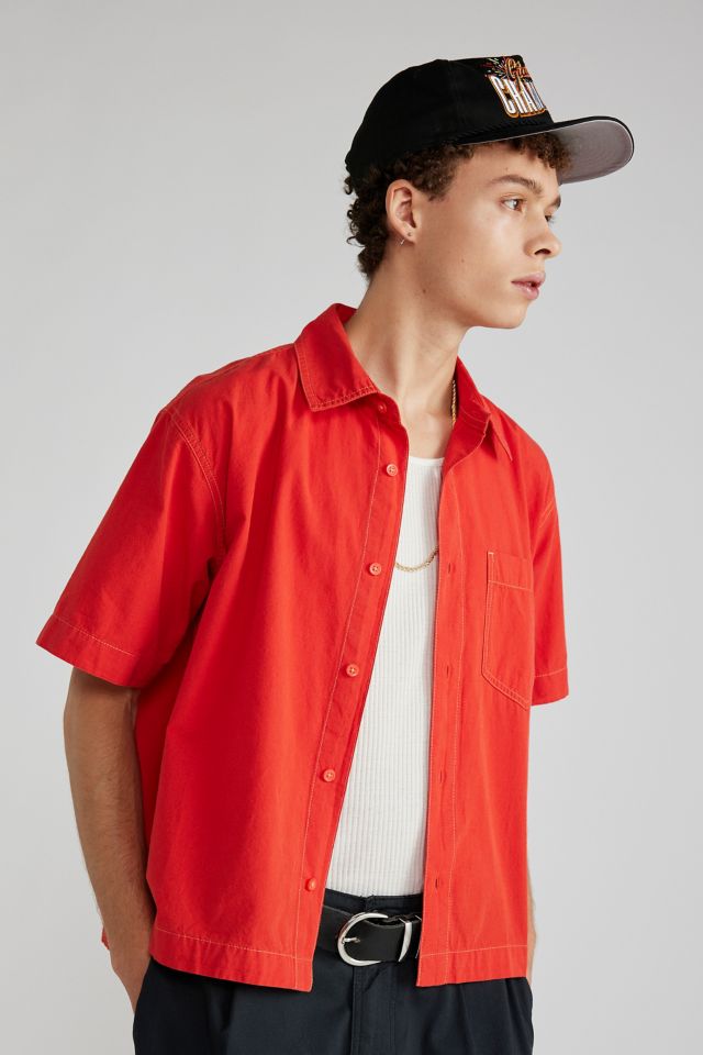 Solid red discount button down shirt