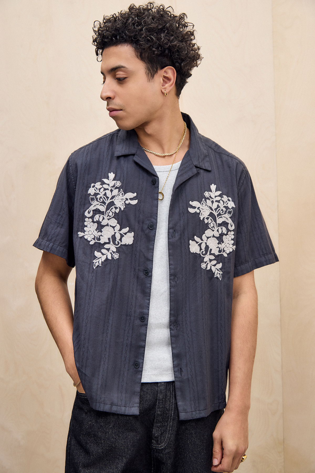 BDG Black Toru Floral Jacquard Shirt