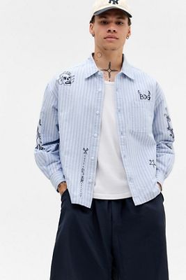 BDG Camicia a maniche lunghe blu ricamata a righe Arlo