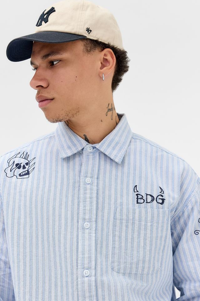 BDG Blue Arlo Stripe Embroidered Long Sleeve Shirt #1