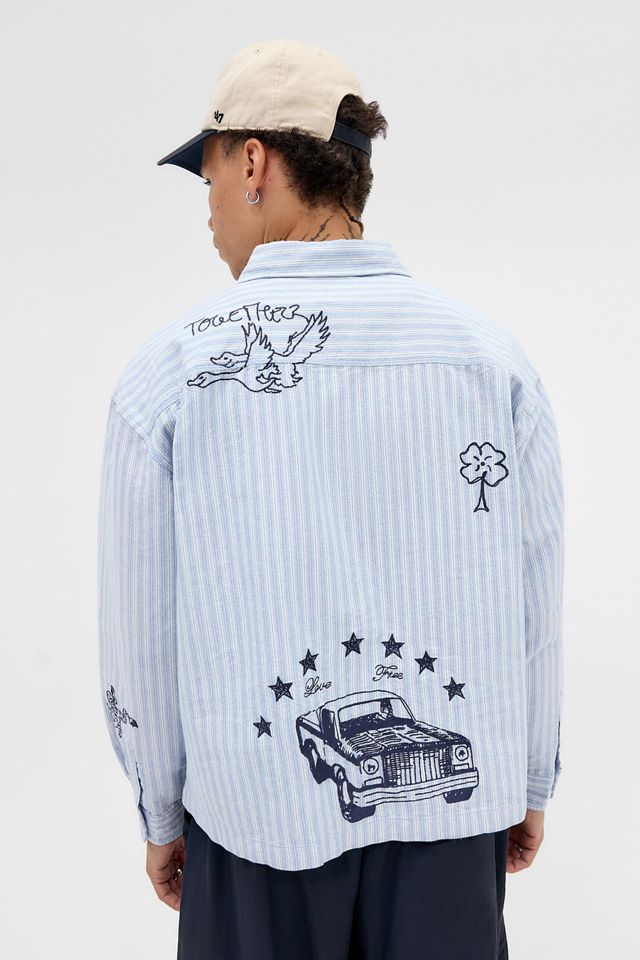 BDG Blue Arlo Stripe Embroidered Long Sleeve Shirt #2
