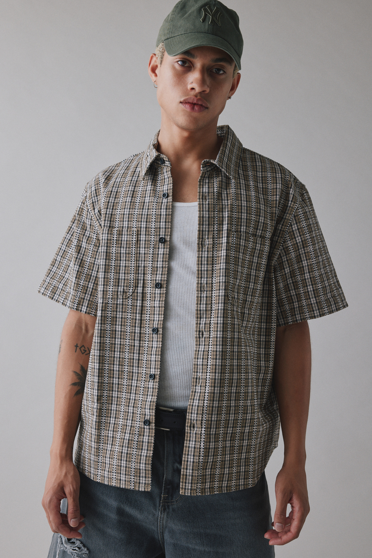 UO Brown Checkerboard Short-Sleeve Shirt