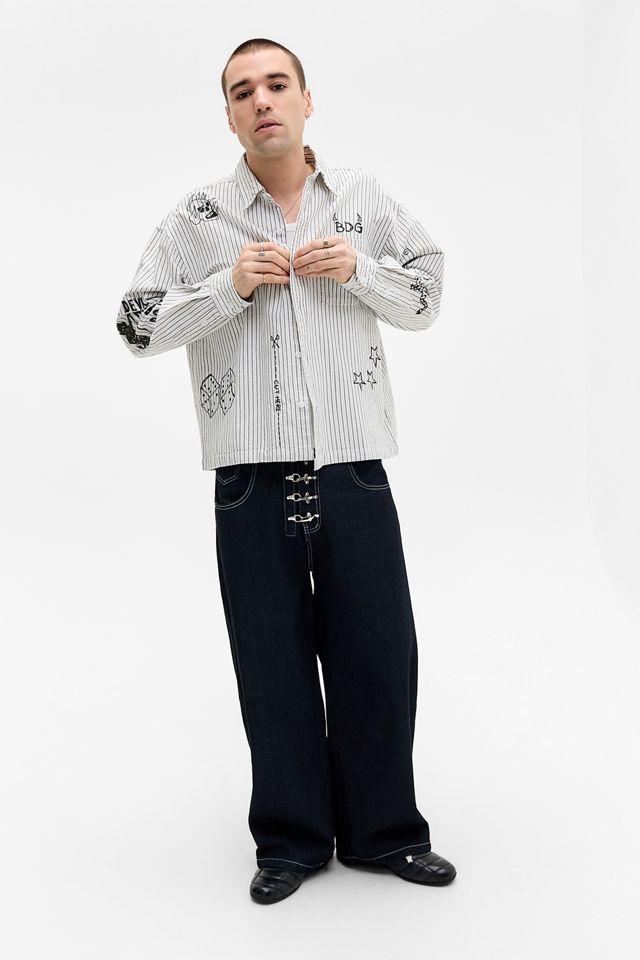 BDG Arlo White & Grey Doodle Long Sleeve Shirt #1