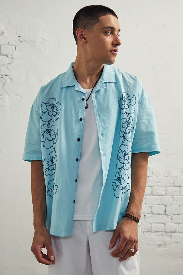UO Nomad Blue Floral Embroidered Linen Shirt | Urban Outfitters UK