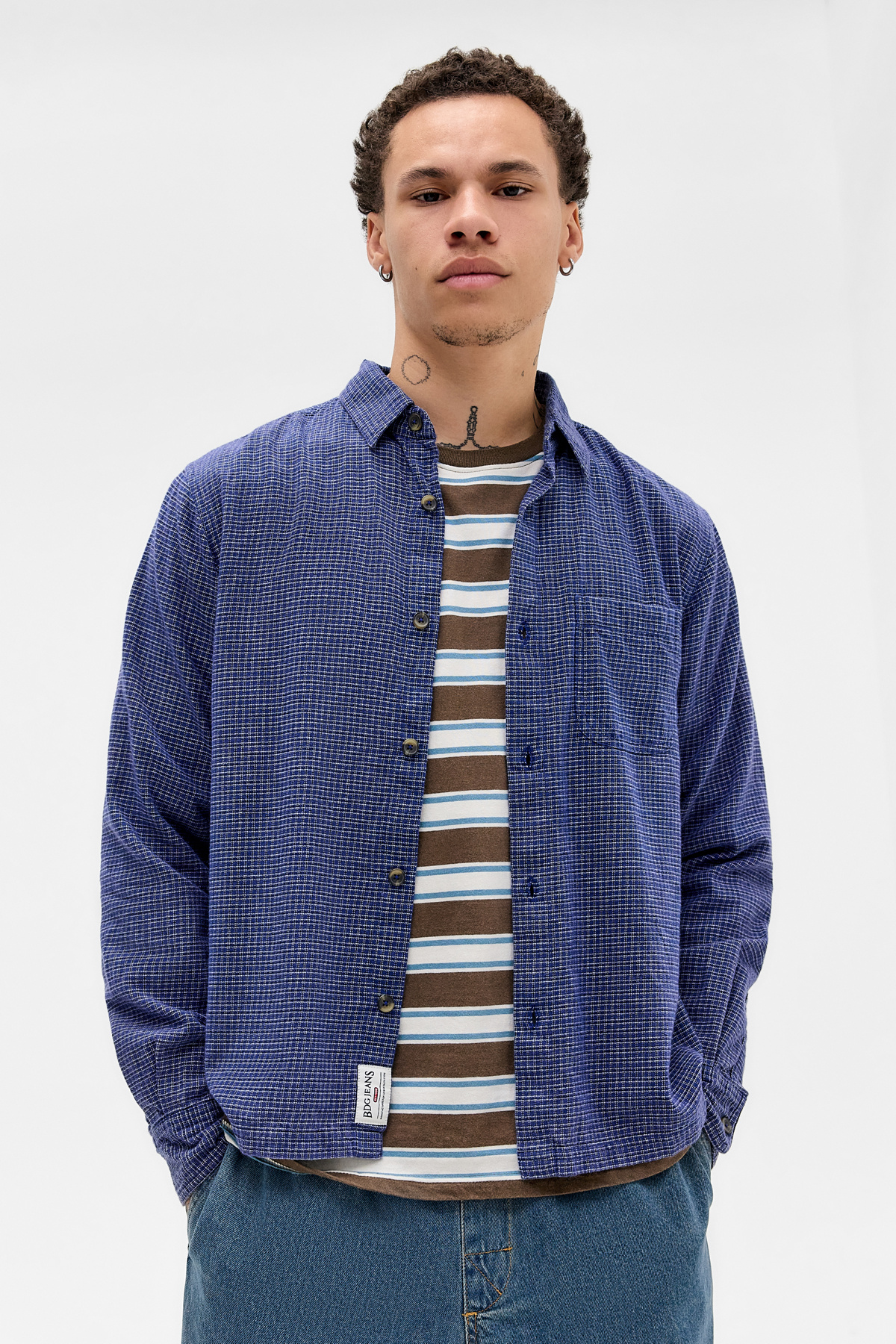 BDG Navy Reggie Long-Sleeve Check Shirt