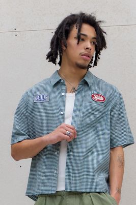 BDG White & Teal Check Short Sleeve Mechanic Shirt