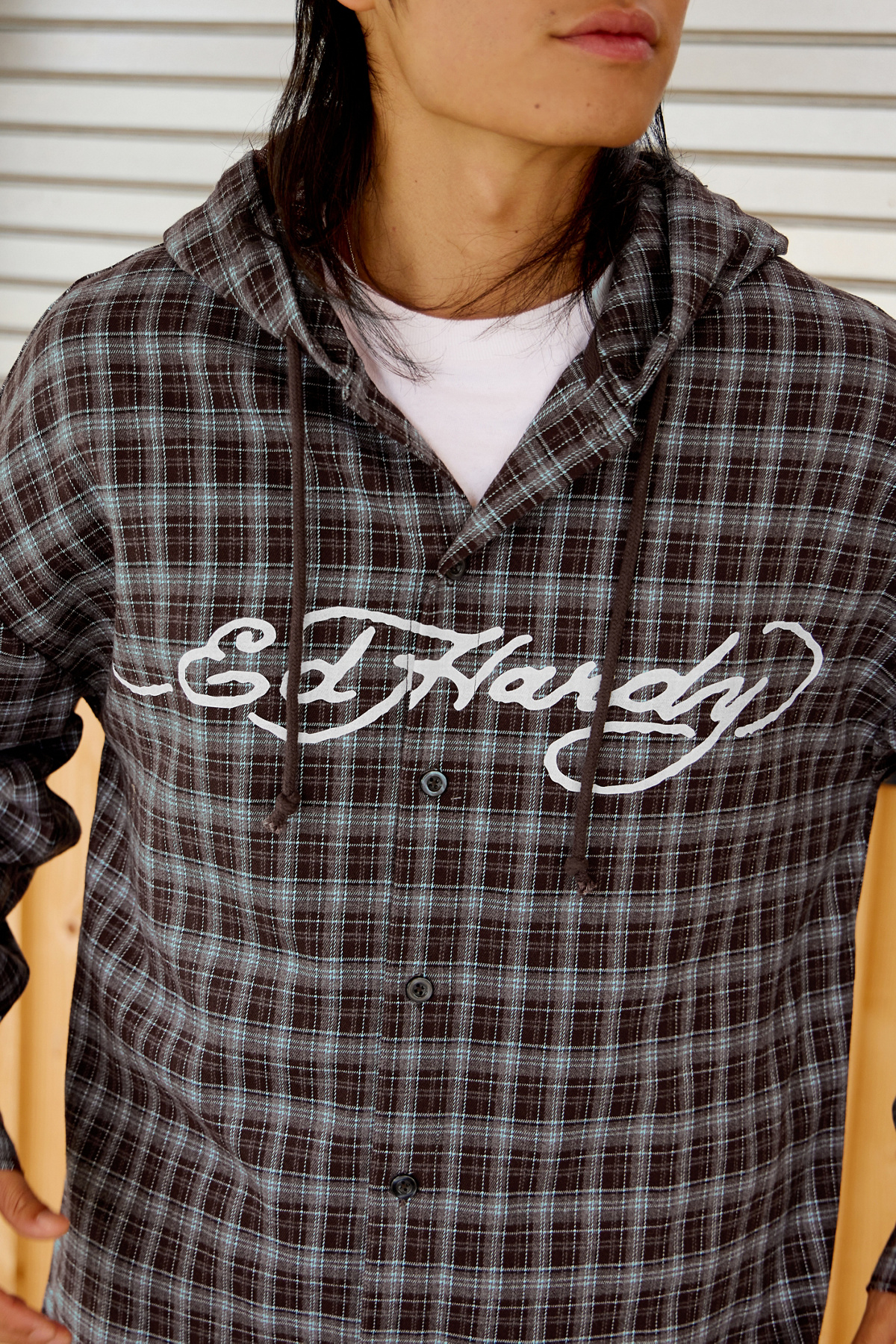 Ed Hardy UO Exclusive Blue Check Hooded Shirt