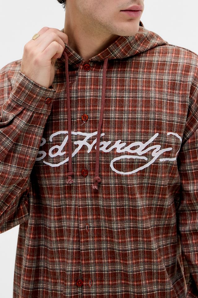 Ed Hardy UO Exclusive Red Check Hooded Shirt #1