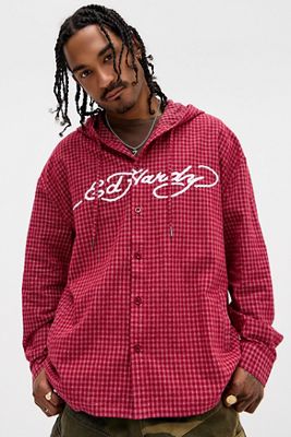 Ed Hardy UO Exklusives Rotes Micro-Karo Kapuzenhemd