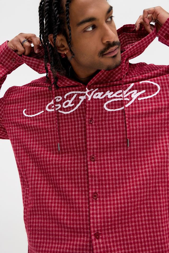 Ed Hardy Chemise à capuche UO Exclusive à micro-carreaux rouge #1