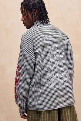 Ed Hardy UO Exclusive Black & White Check Sword Dragon Shirt